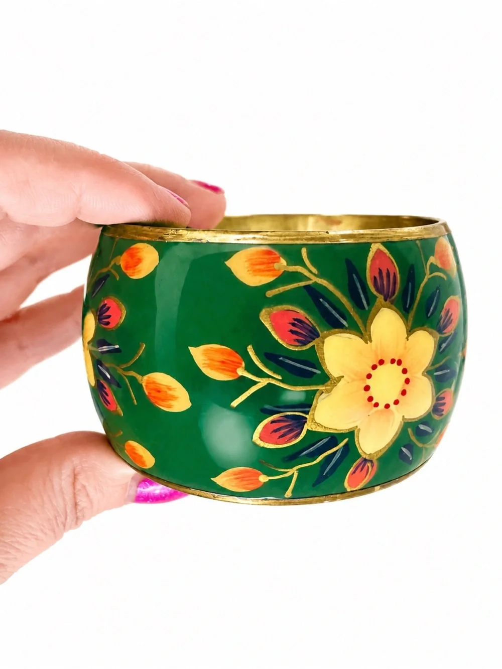 Vintage Green Floral Enamel Wide Bangle Bracelet Gold Tone